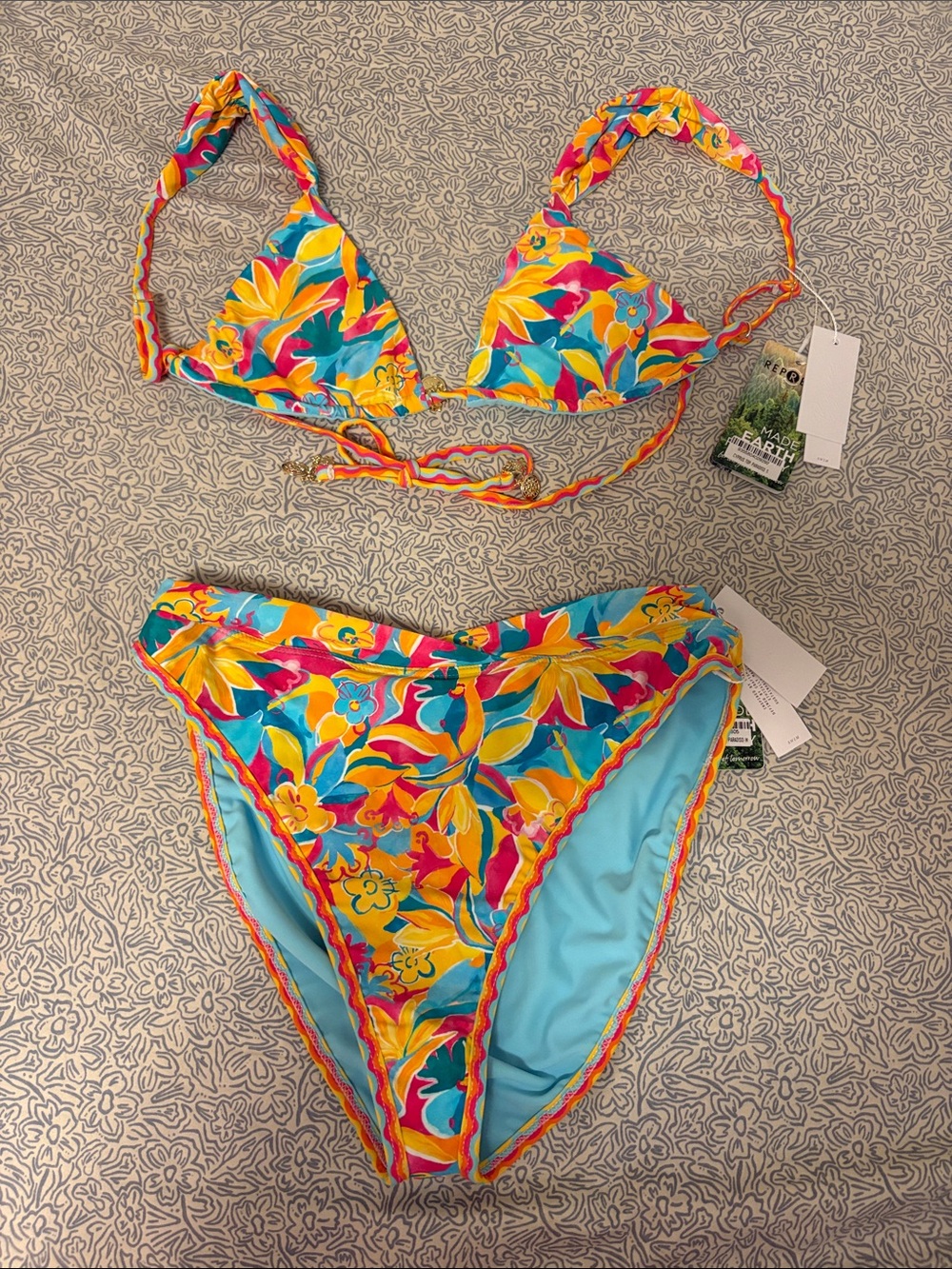 Vibrant Floral Triangle Bikini in Turquoise, Yellow & Pink